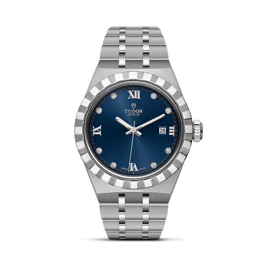 maison birks tudor royal 28 mm steel case blue diamond set dial steel bracelet m28300 0007 image number 0