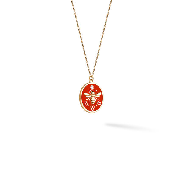 Collier à grand médaillon rond en or jaune et en émail rouge avec diamant