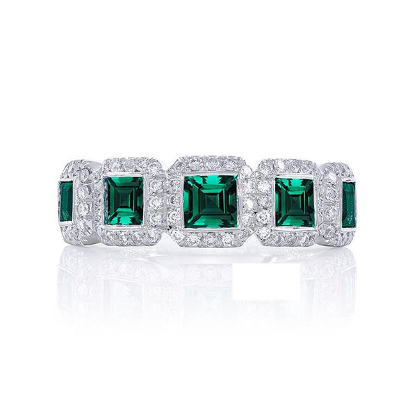 Emerald and Diamond Wedding Band with Single Halo