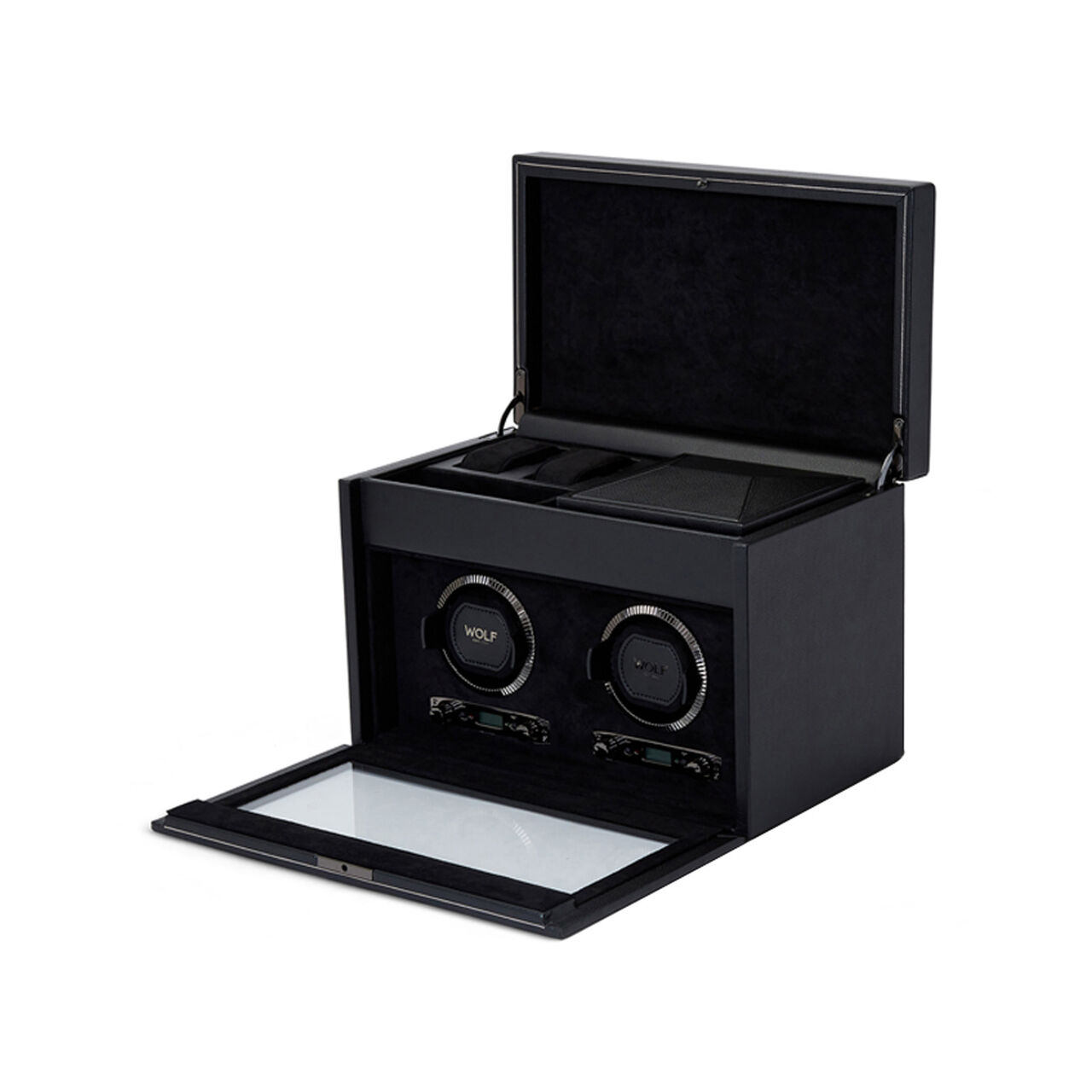WOLF British Racing Black 2 Piece Watch Winder with Storage Open Angle image number 3