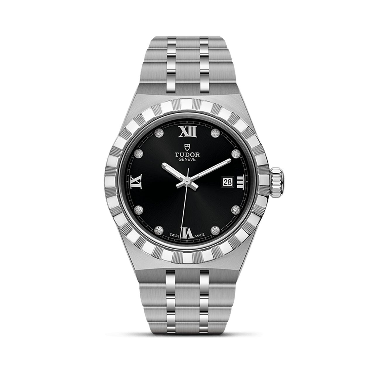 maison birks tudor royal 28 mm steel case black diamond set dial steel bracelet m28300 0004 image number 0