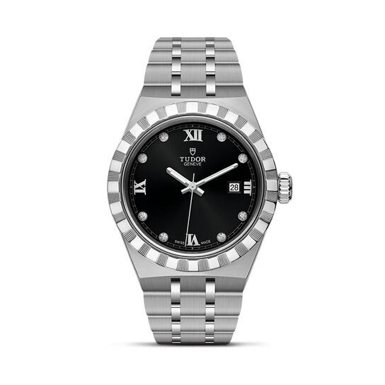 maison birks tudor royal 28 mm steel case black diamond set dial steel bracelet m28300 0004 image number 0