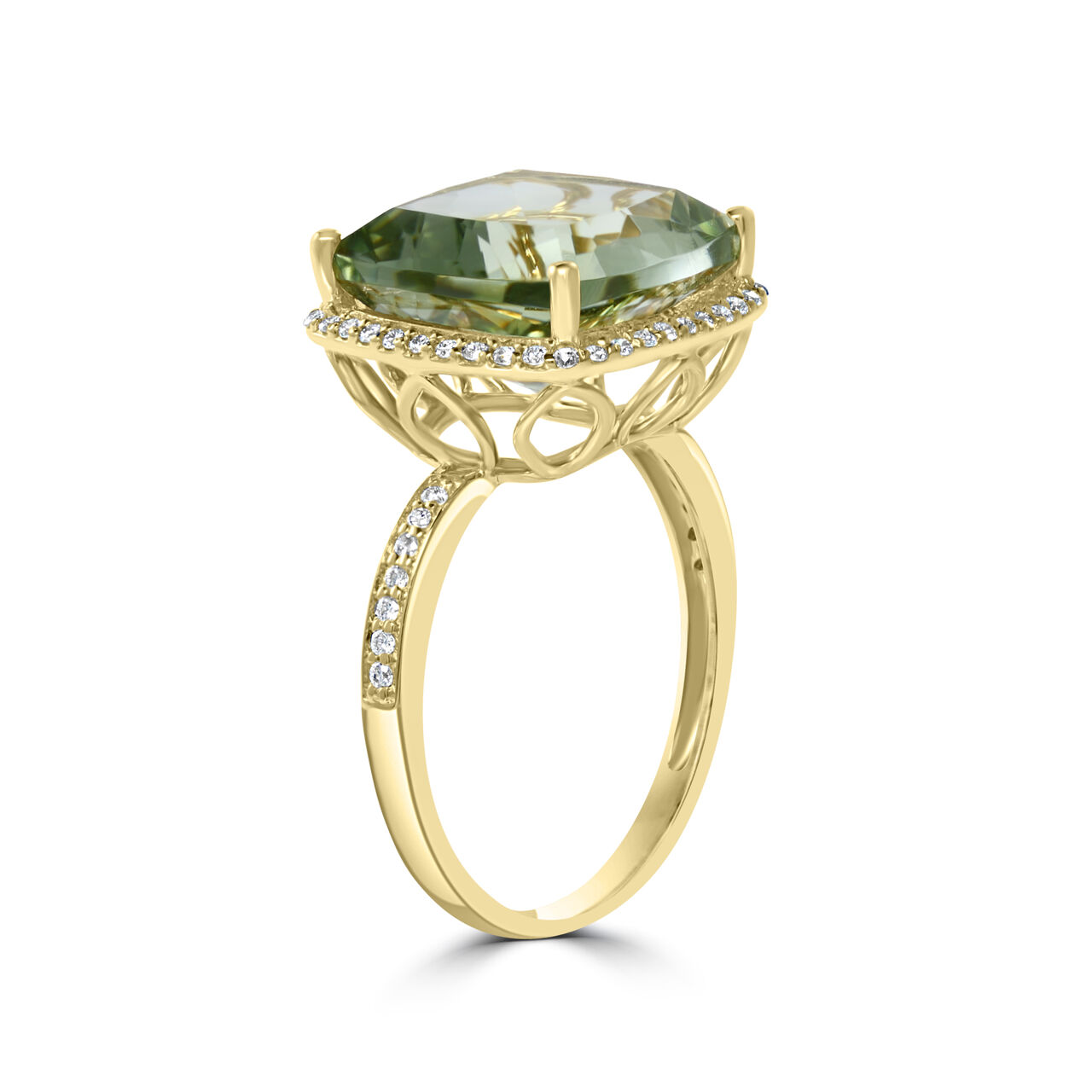 Bague quartz vert à coupe coussin en or jaune avec diamants image number 1