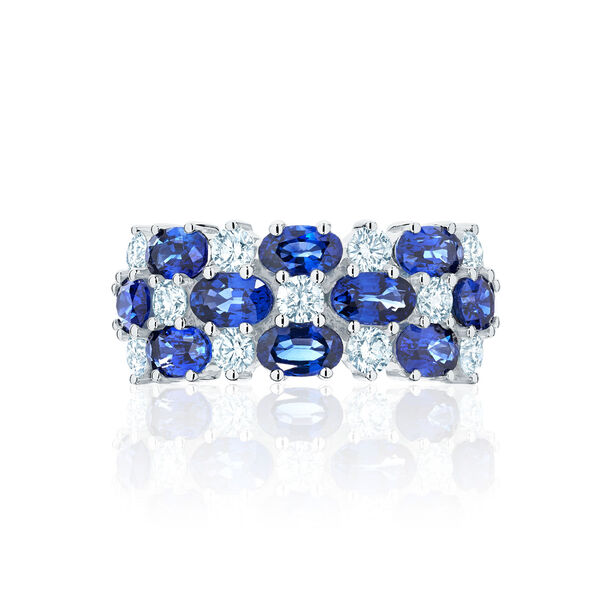 Three Row 0.88ct Diamond and 3.30ct Sapphire Wedding Band in White Gold