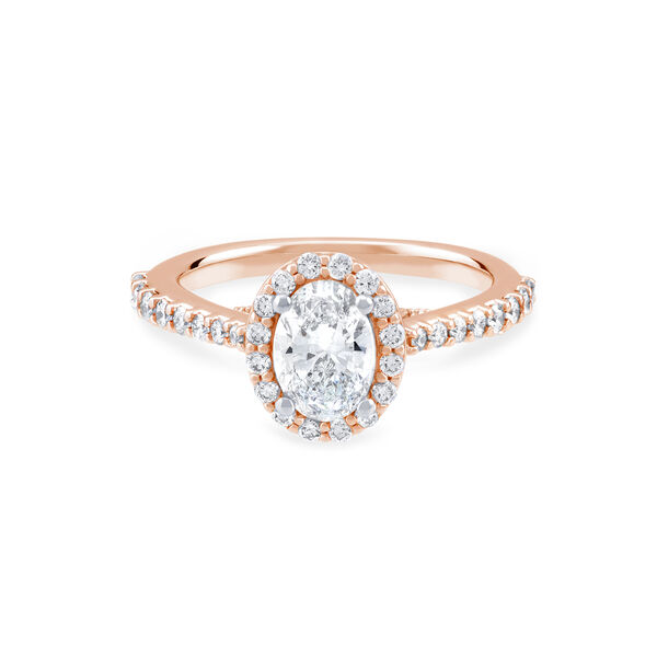 Bague de fiançailles à diamant oval avec simple halo et anneau en or rose orné de diamants