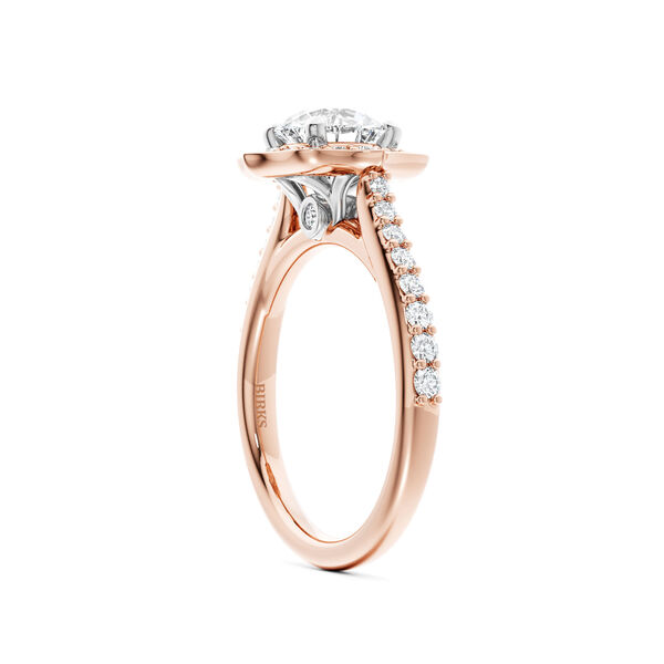 Heirloom Round Solitaire Diamond Engagement Ring with Halo and Rose Gold Diamond Pav&eacute; Band