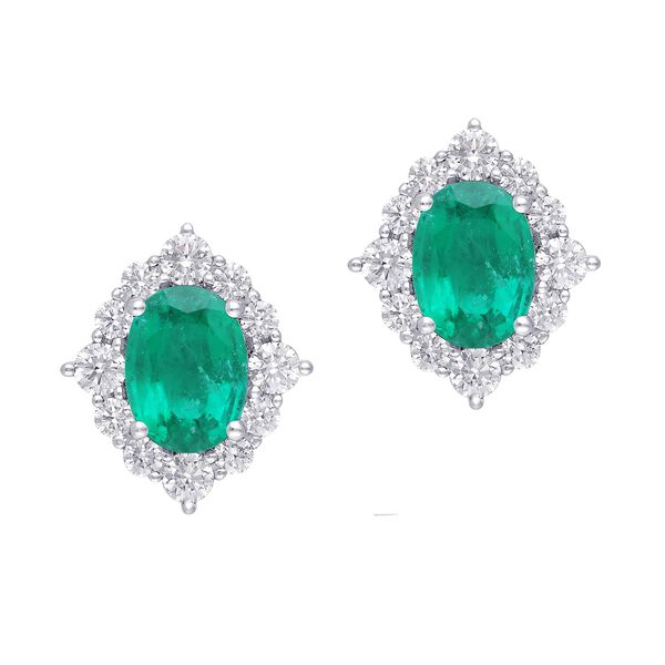 Oval Emerald and Diamond Halo Stud Earrings