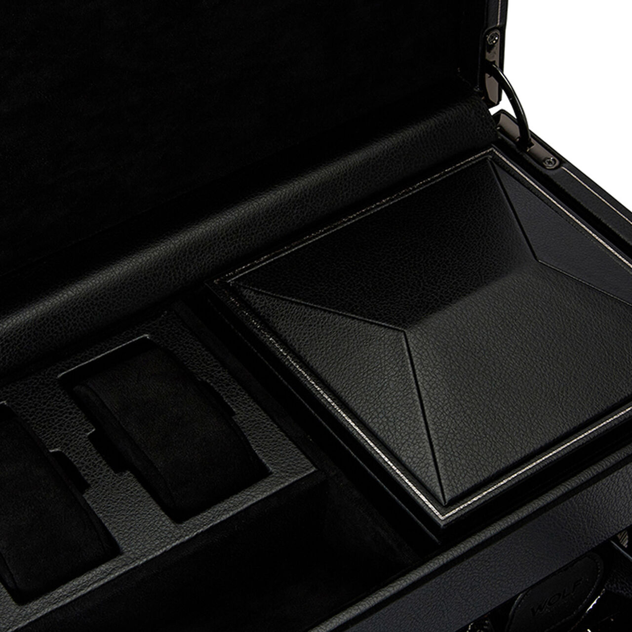 WOLF British Racing Black 2 Piece Watch Winder with Storage - Close Up image number 6