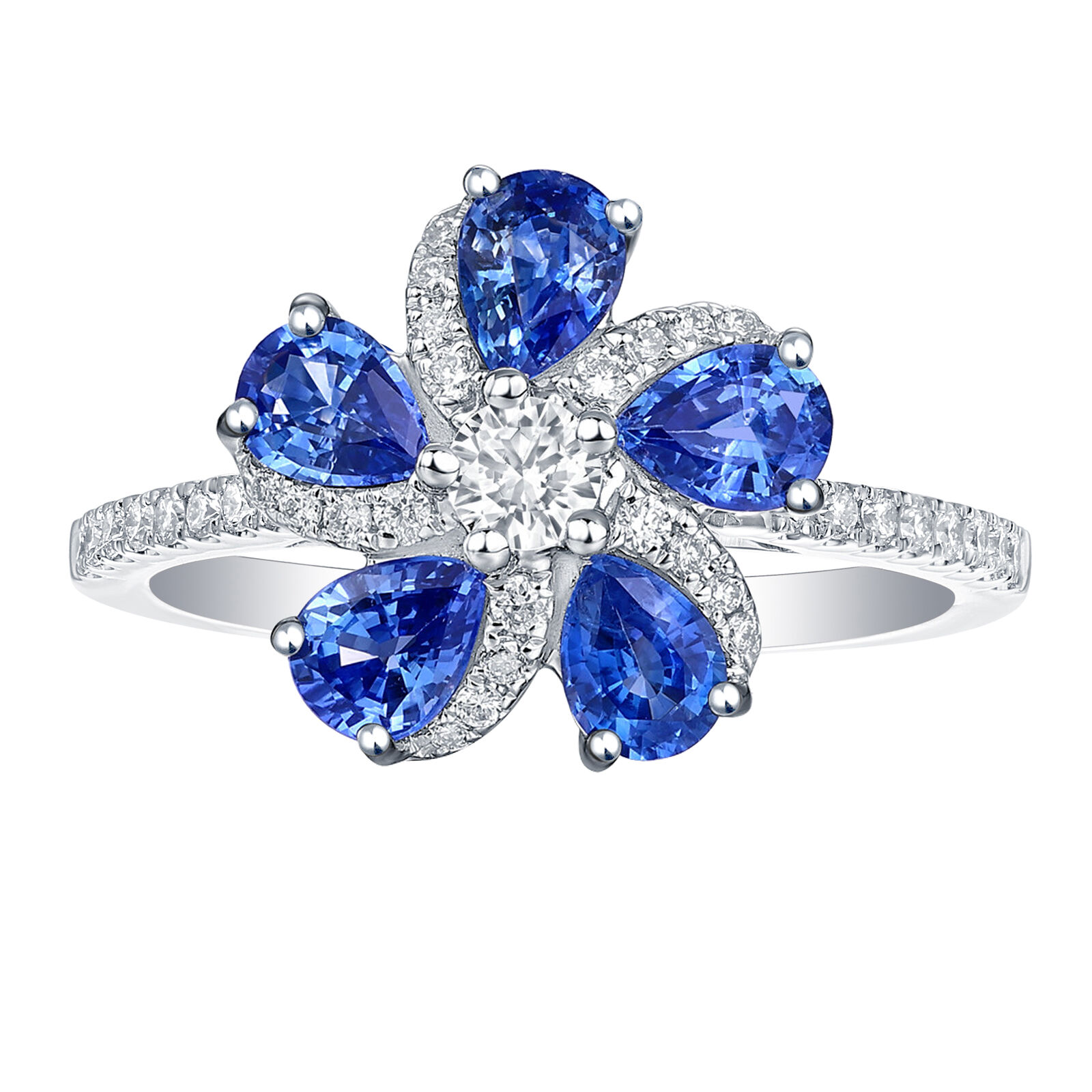 Sapphire and Diamond Flower Ring in White Gold