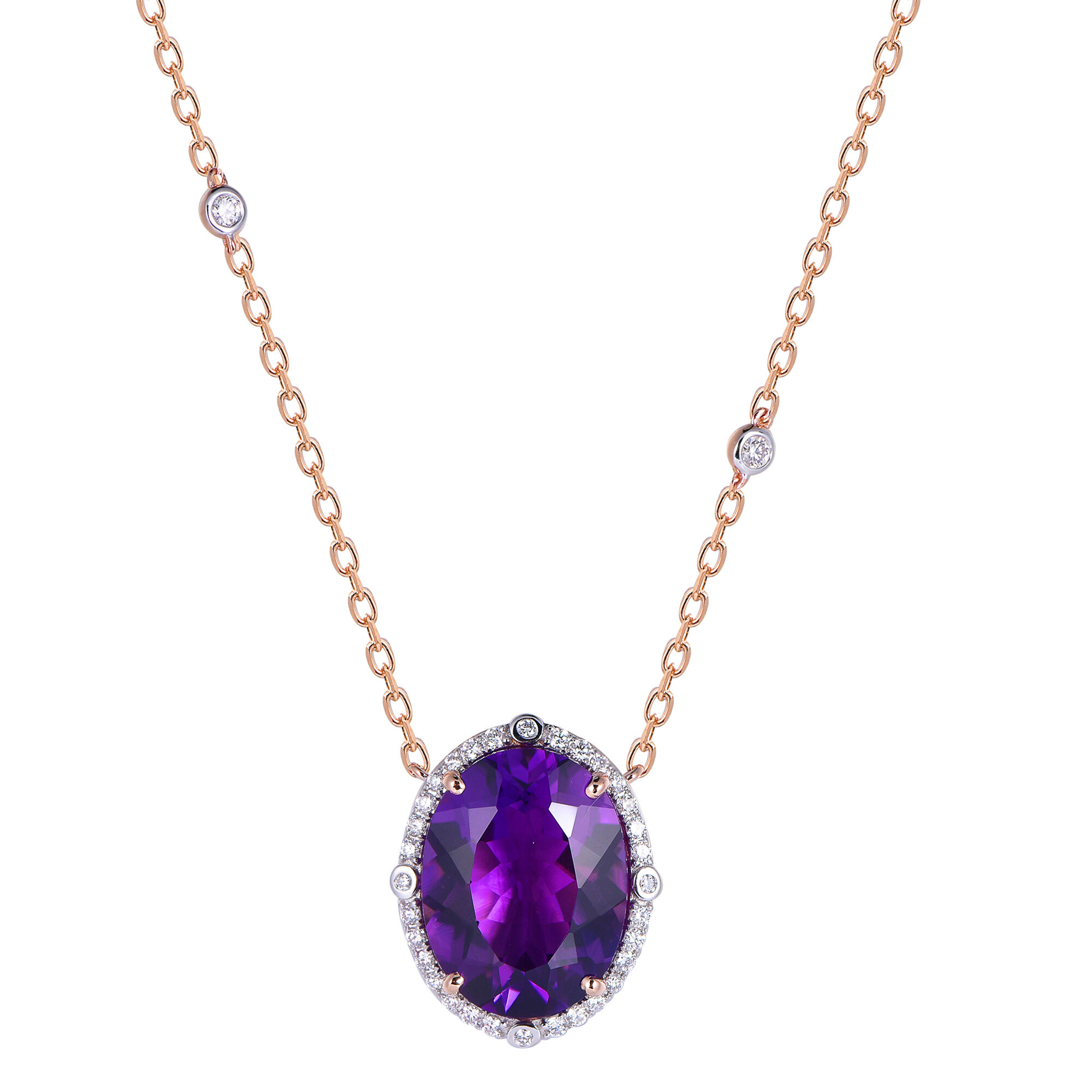 Oval Amethyst Pendant with Diamond Halo in Rose Gold