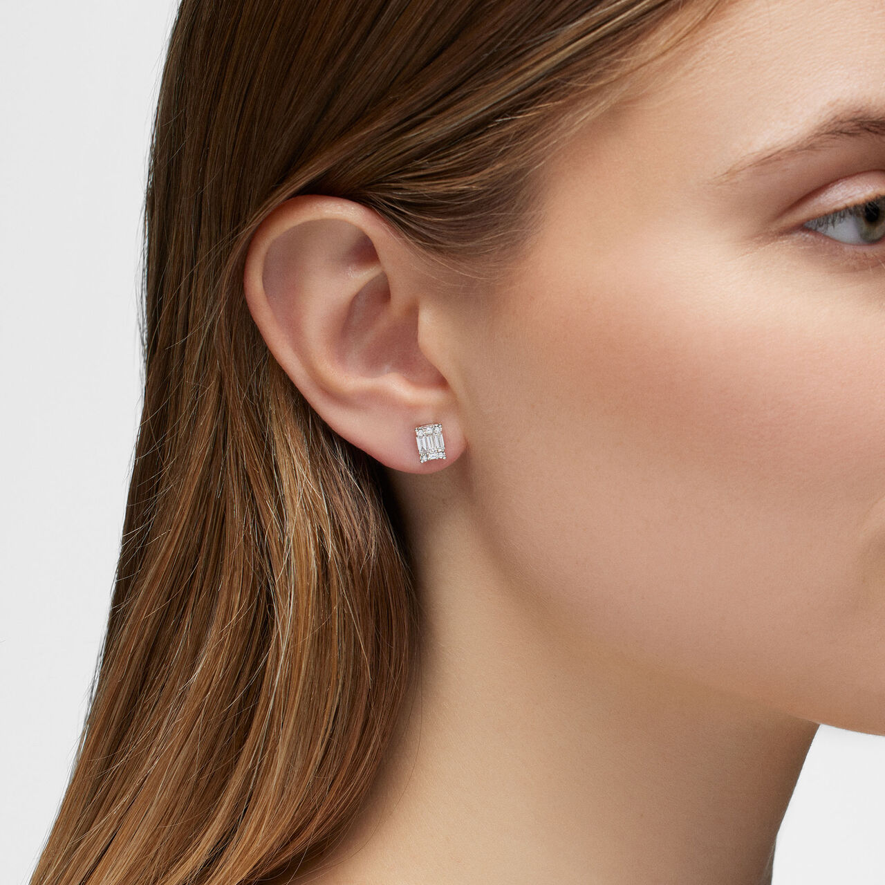 Birks Essentials White Gold Diamond Cluster Earrings 450018643124 on Model image number 1