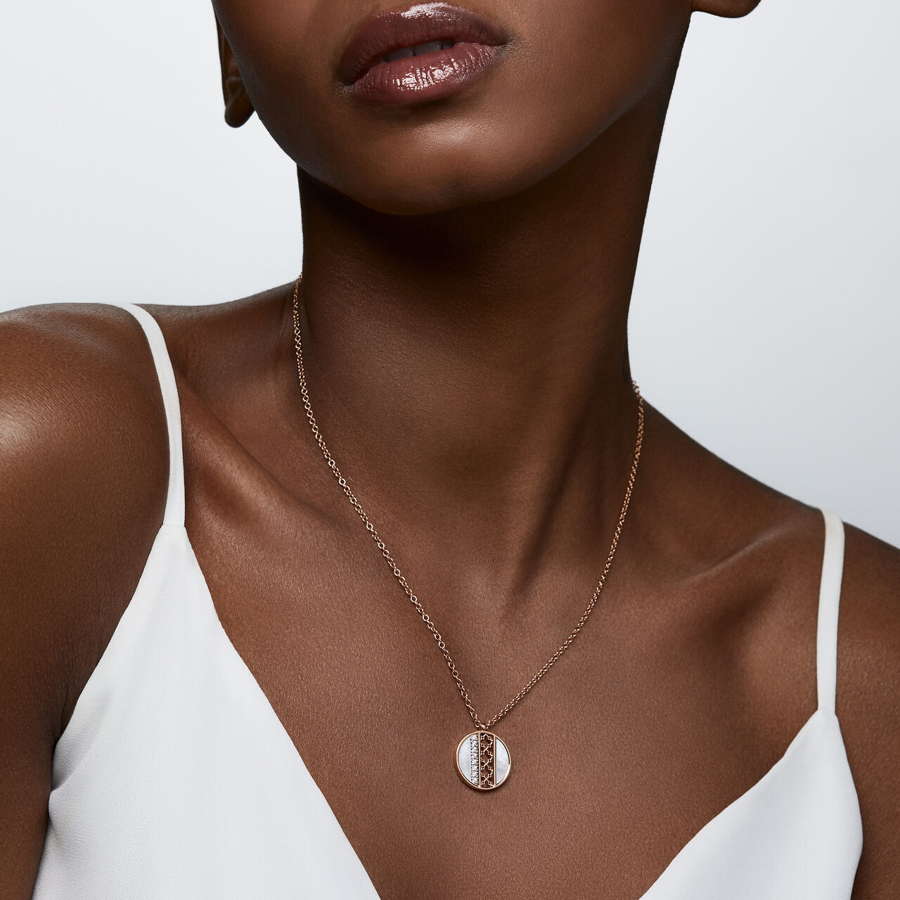Birks Dare to Dream Mother-of-Pearl and Diamond Circle Pendant on model image number 2