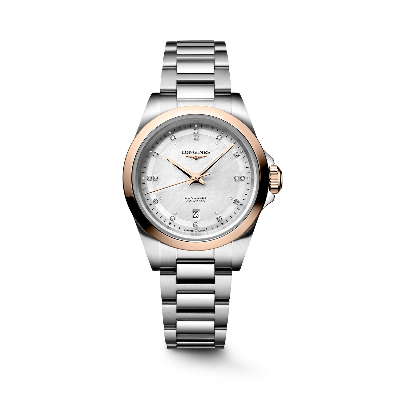 Vue de face de la montre ronde en acier inoxydable avec coiffe en or rose, cadran nacr&eacute; blanc, index en diamant et bracelet en acier inoxydable image number 0