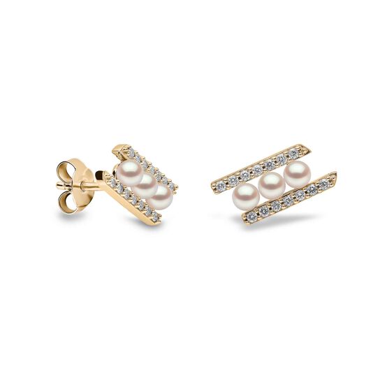 yoko london sleek yellow gold 3 pearl diamond stud earrings qye2227 6x front side image number 2