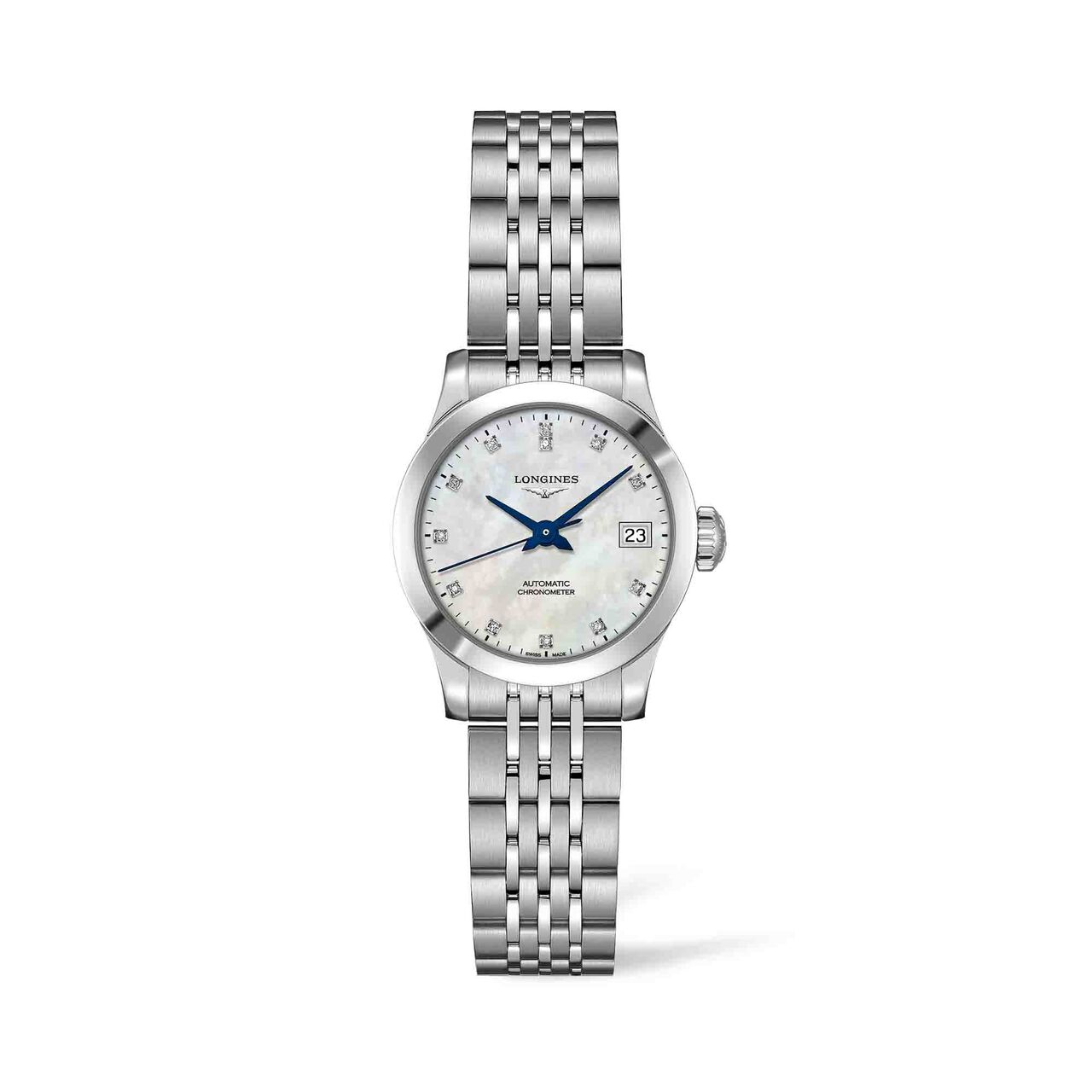 longines record collection automatic cosc certified chronometer mop dial diamonds indexes l23204876 image number 0