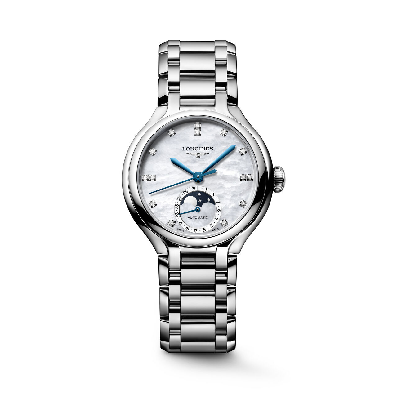 PrimaLuna Automatic Moonphase 34 mm Stainless Steel and Diamond	PrimaLuna 34 mm phase de lune automatique en acier inoxydable et diamants	Watches	For Her	Stainless Steel	Stainless Steel image number 0