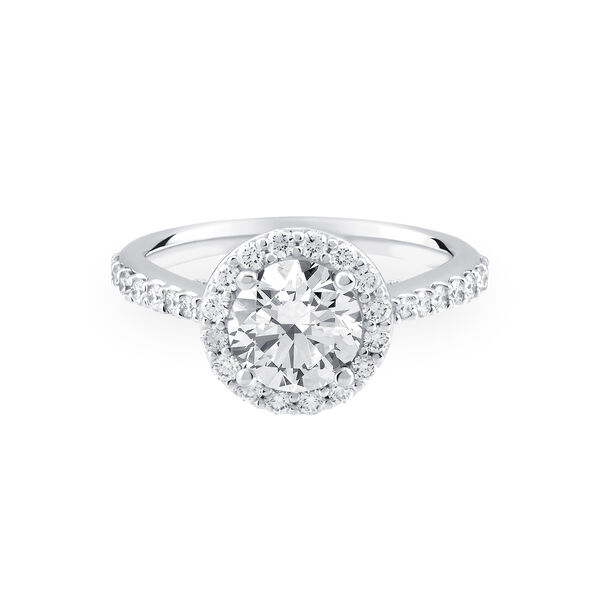 Round Solitaire Diamond Engagement Ring With Single Halo And Diamond Band