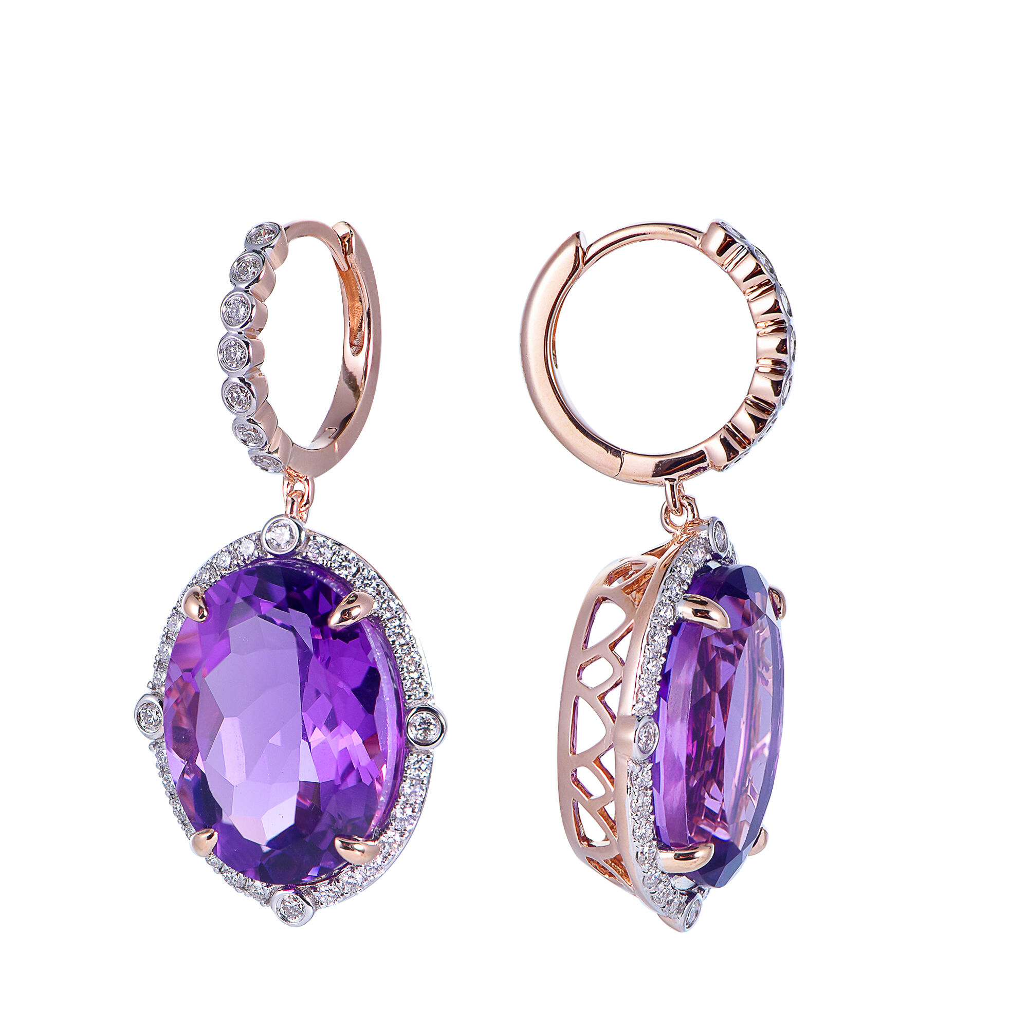 Oval Amethyst Earrings with Diamond Halo in Rose Gold