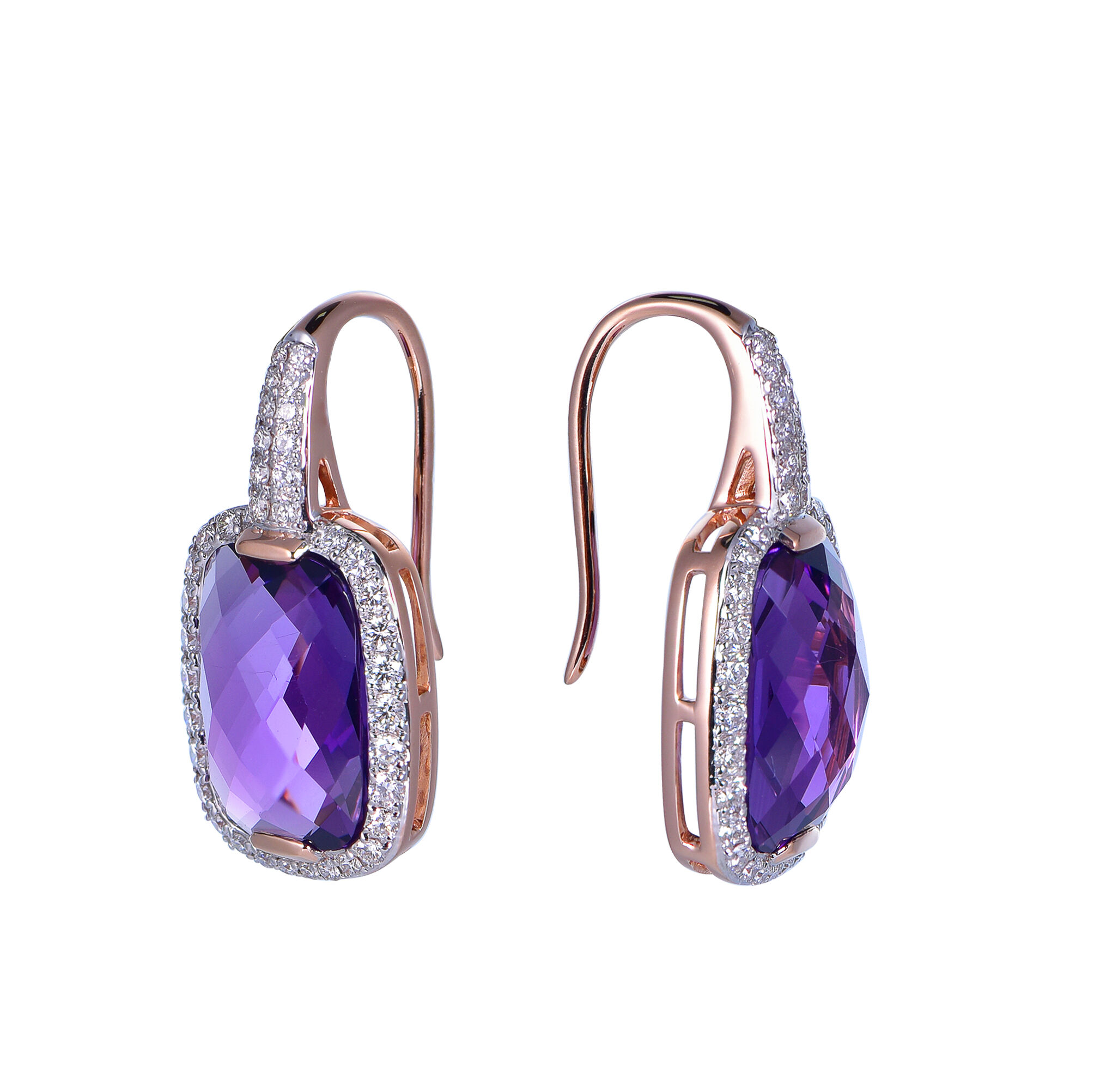 Amethyst Earrings with Diamond Halo in Rose Gold