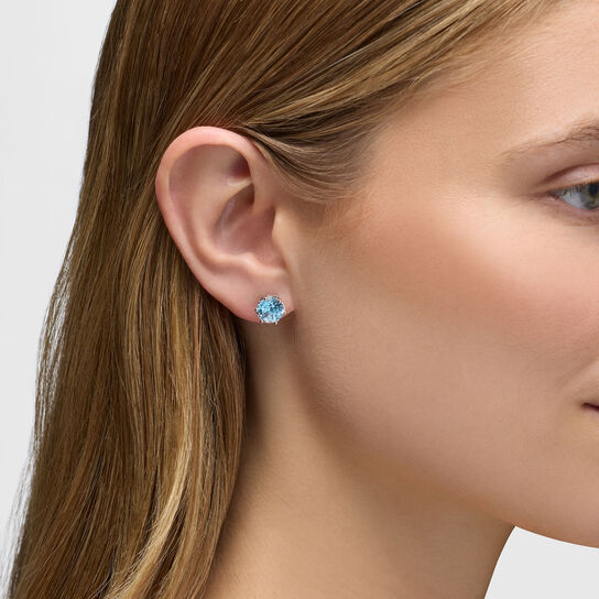 Birks Essentials Silver Blue Topaz Stud Earrings on model image number 1