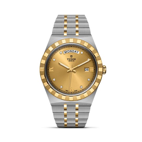tudor royal 41 mm steel case champagne diamond set dial steel and gold bracelet m28603 0006 image number 0