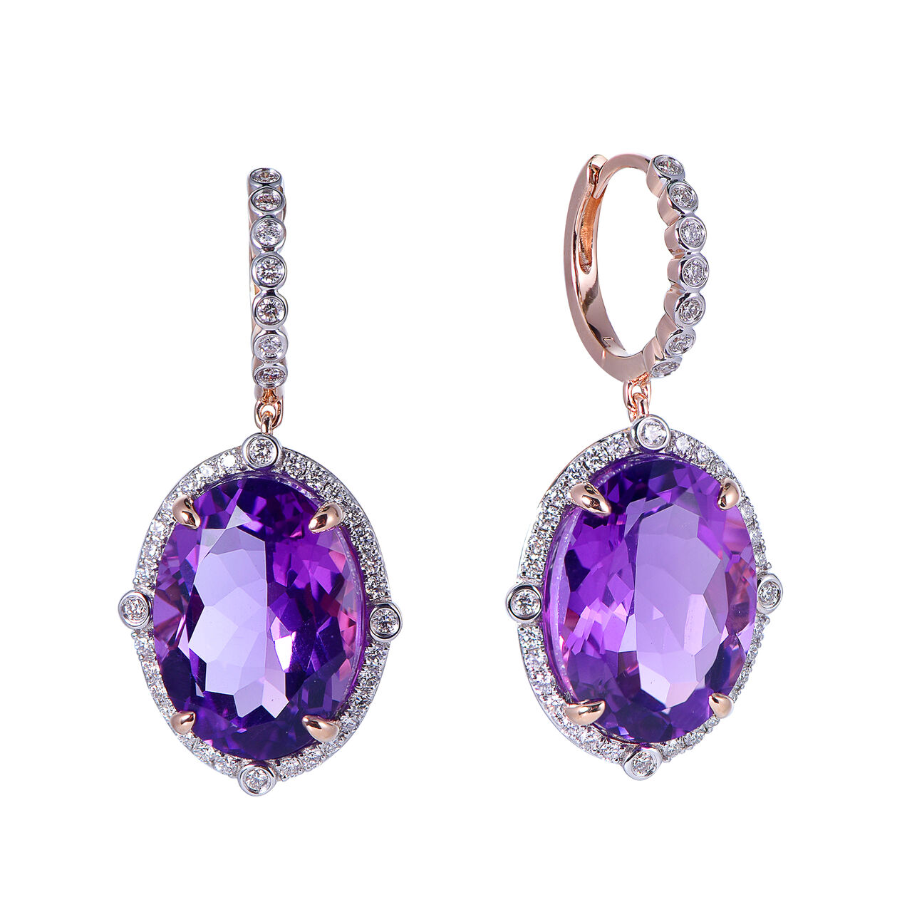 Boucles d'Oreilles Amethyste Ovale et Halo de diamants en Or Rose image number 0