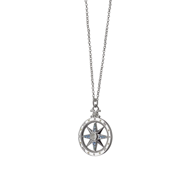 Silver Compass Pendant with Sapphires and Moonstone