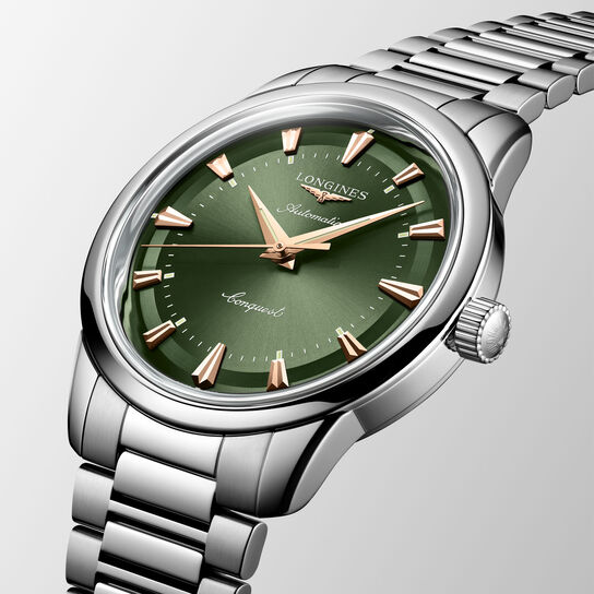 Side angle showing case thickness, olive green dial, and stainless steel strap image number 1