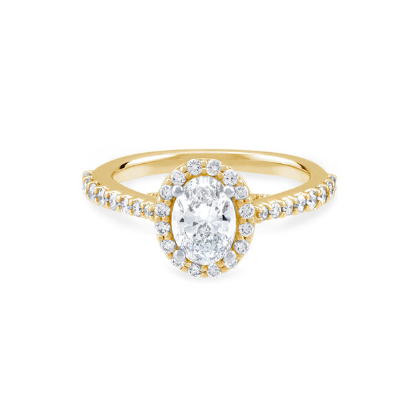 Bague de fiançailles à diamant oval avec simple halo et anneau en or jaune orné de diamants