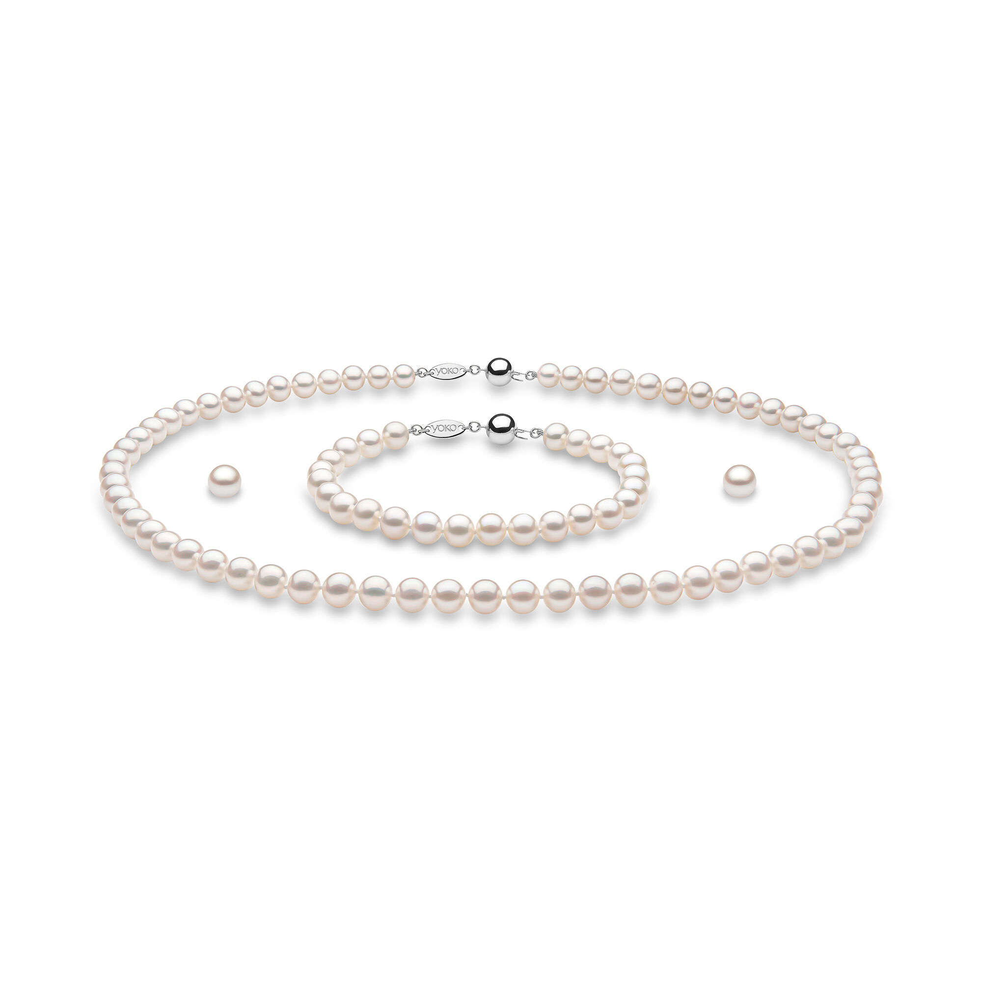Classic White Gold and Pearl Necklace, Bracelet and Stud Earrings Set