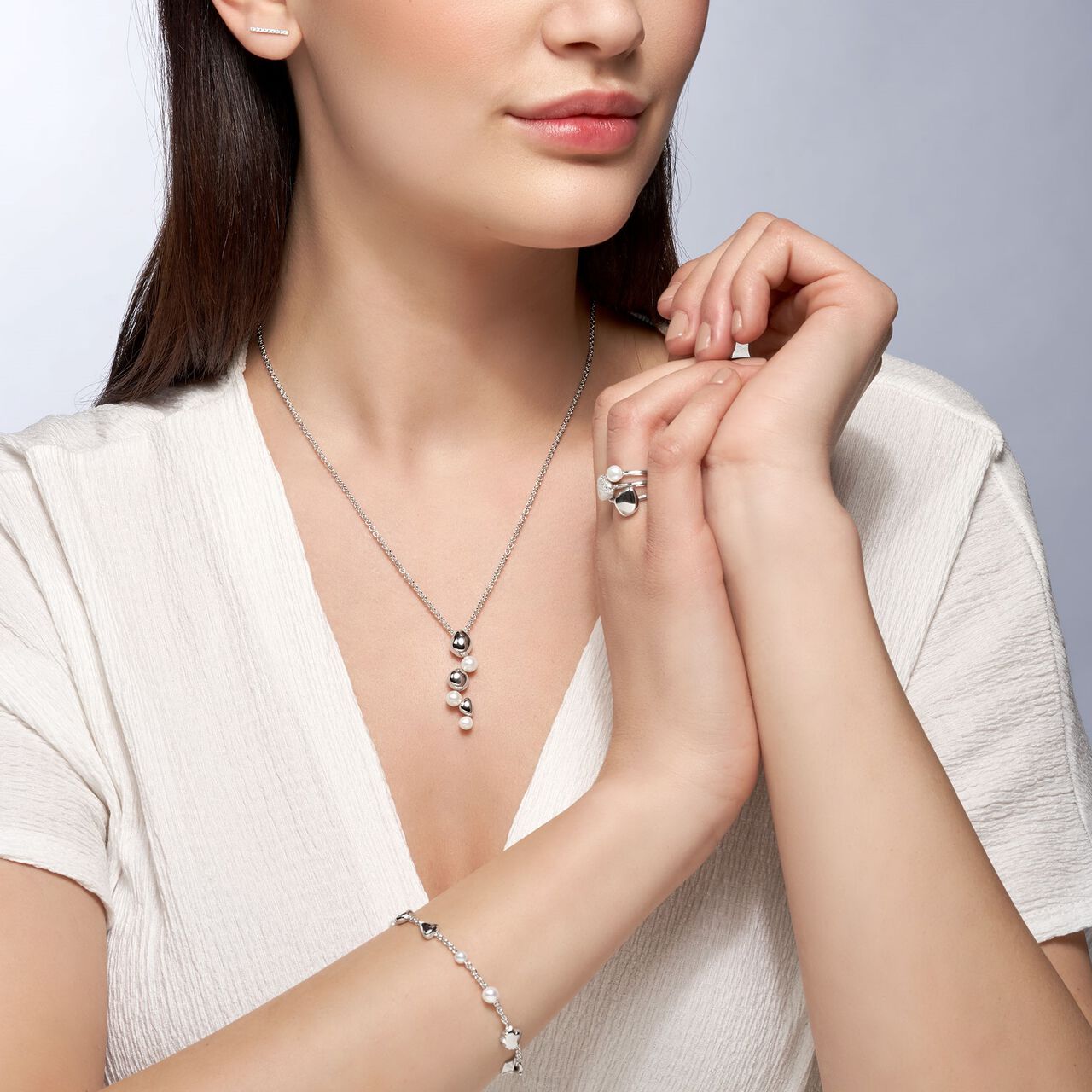 Birks Pebble Drop Necklace and Ring in Sterling Silver With Pearls on Model image number 1