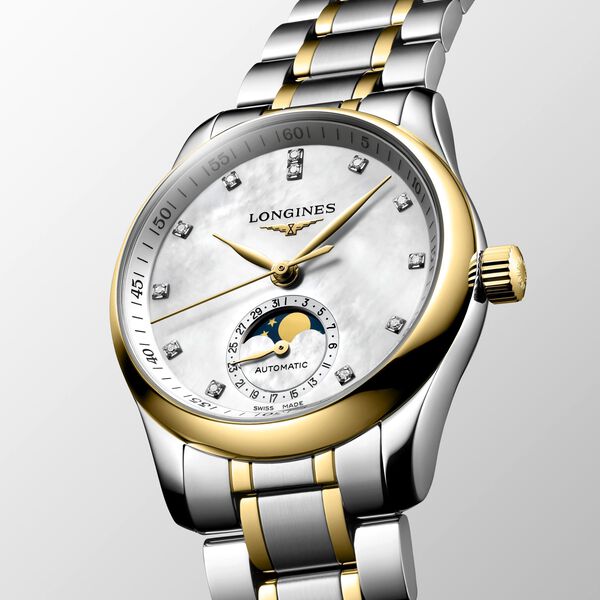 Master 34 mm phase de lune automatique en acier inoxydable, or jaune et diamants