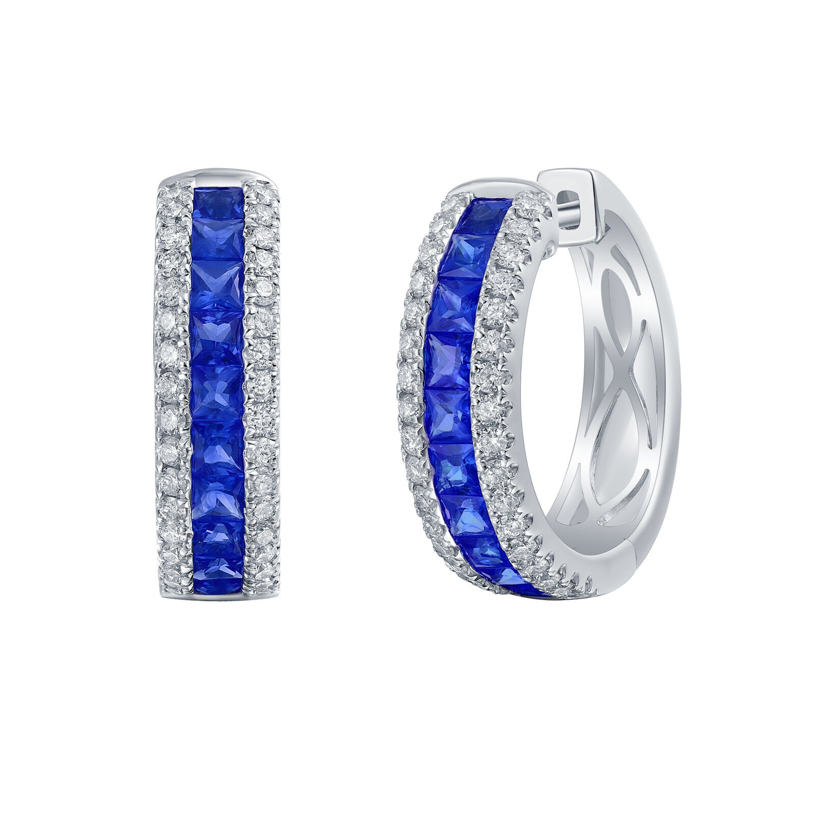 Blue Sapphire and Diamond Hoop Earrings in White Gold