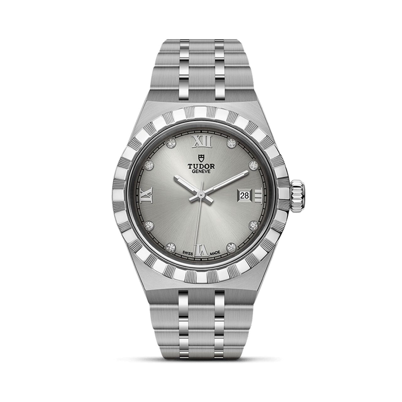 maison birks tudor royal 28 mm steel case silver diamond set dial steel bracelet m28300 0002 image number 0