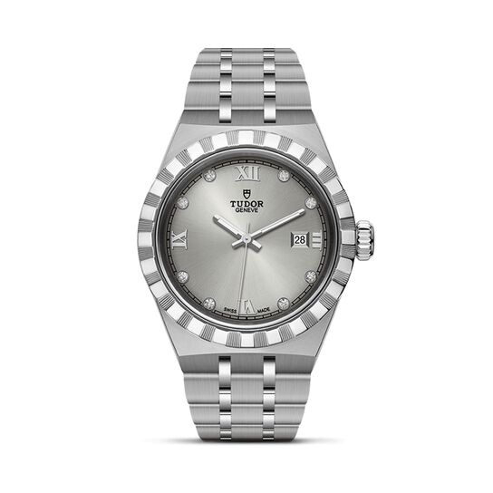maison birks tudor royal 28 mm steel case silver diamond set dial steel bracelet m28300 0002 image number 0