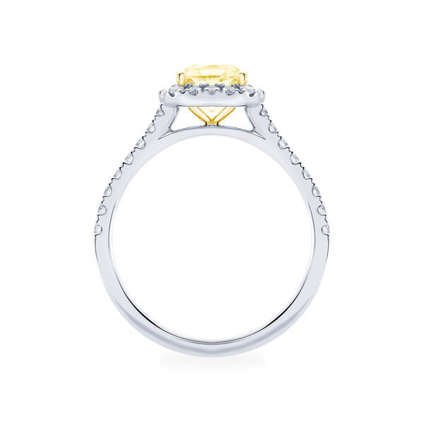 Bague de fiançailles avec diamant jaune de coupe coussin à double halo et anneau pavé de diamants