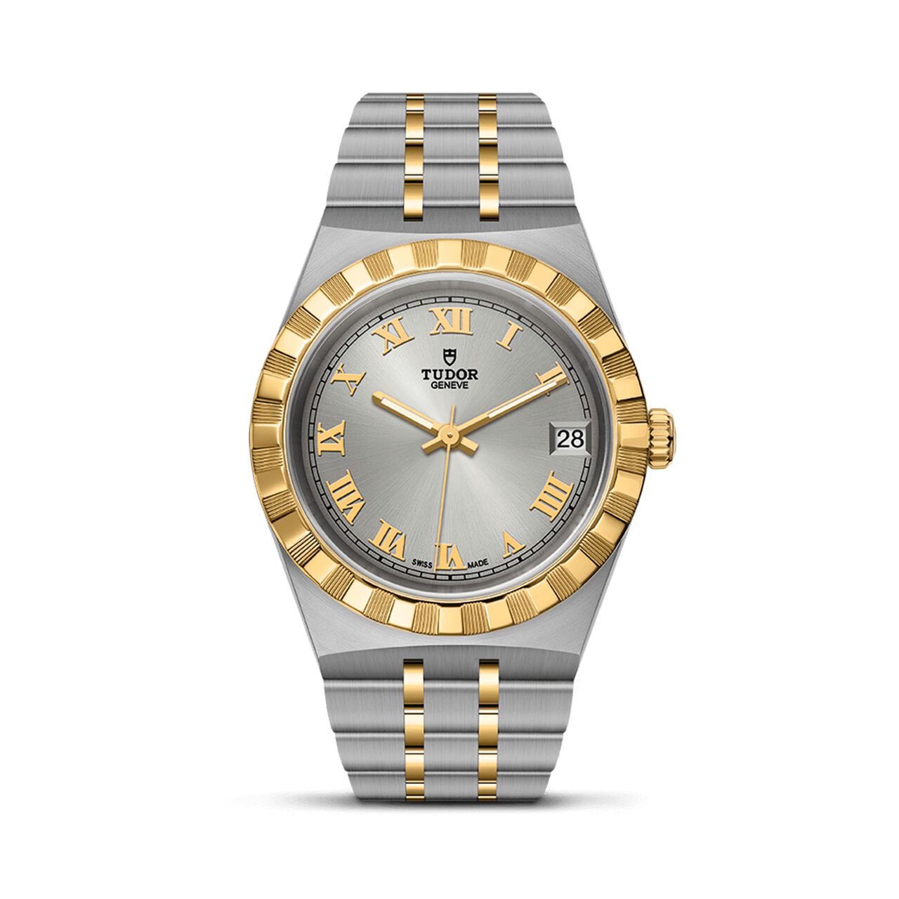 tudor royal 34 mm steel case yellow gold bezel silver dial steel and gold bracelet m28403 0001 image number 0