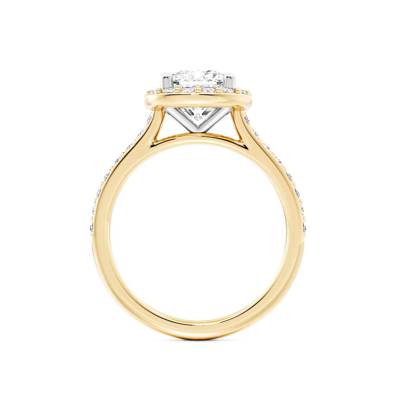 Birks Ros&eacute;e du Matin Cushion-Cut Diamond Engagement Ring with Halo and Pav&eacute; Band in Yellow Gold image number 2