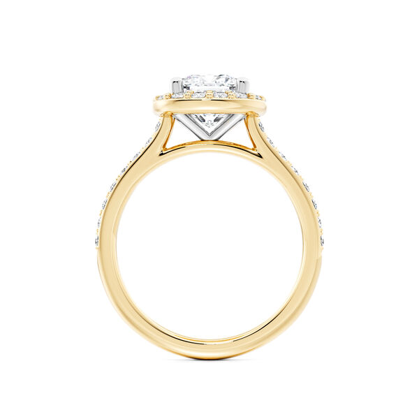 Cushion-Cut Diamond Engagement Ring with Halo and Pav&eacute; Band in Yellow Gold
