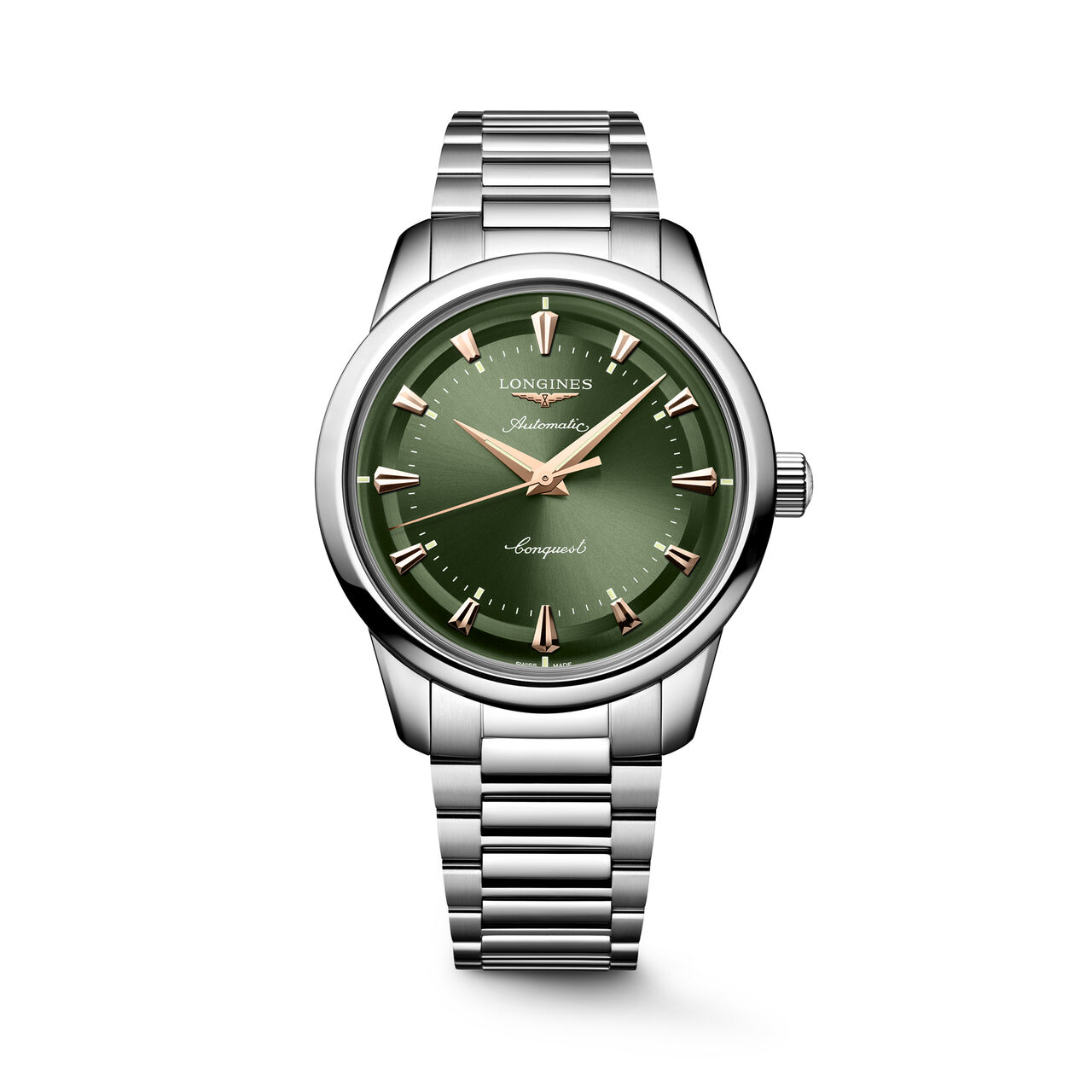 Front view of round stainless steel watch with olive green dial, gold hands, and stainless steel strap image number 0