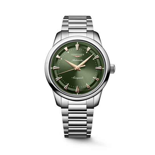 Front view of round stainless steel watch with olive green dial, gold hands, and stainless steel strap image number 0