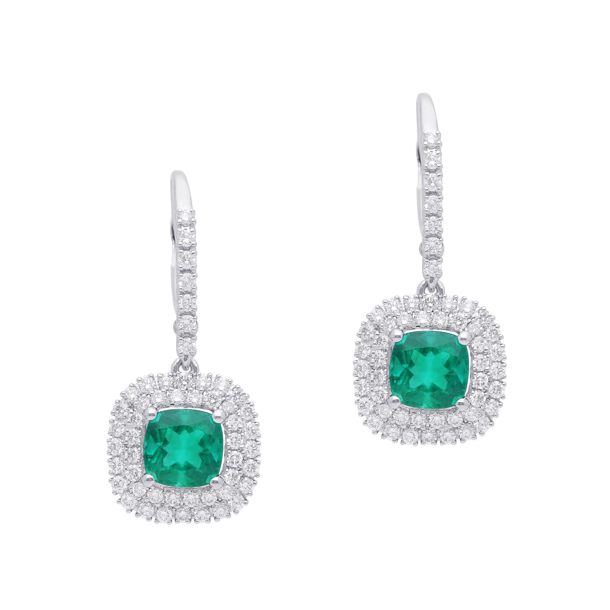 Cushion Cut Emerald and Double Diamond Halo Earrings Maison