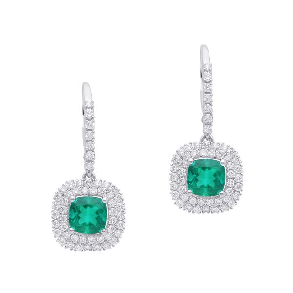 Cushion-Cut Emerald and Double Diamond Halo Earrings