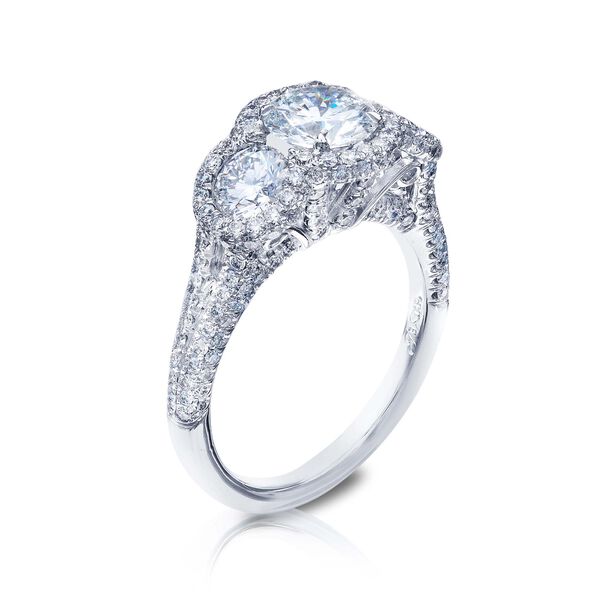 Three-Stone Round Diamond Engagement Ring With Halo