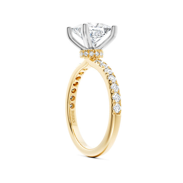 Princess‑Cut Solitaire Diamond Engagement Ring with Pav&eacute; Band and a Hidden Pav&eacute; Halo in Yellow Gold