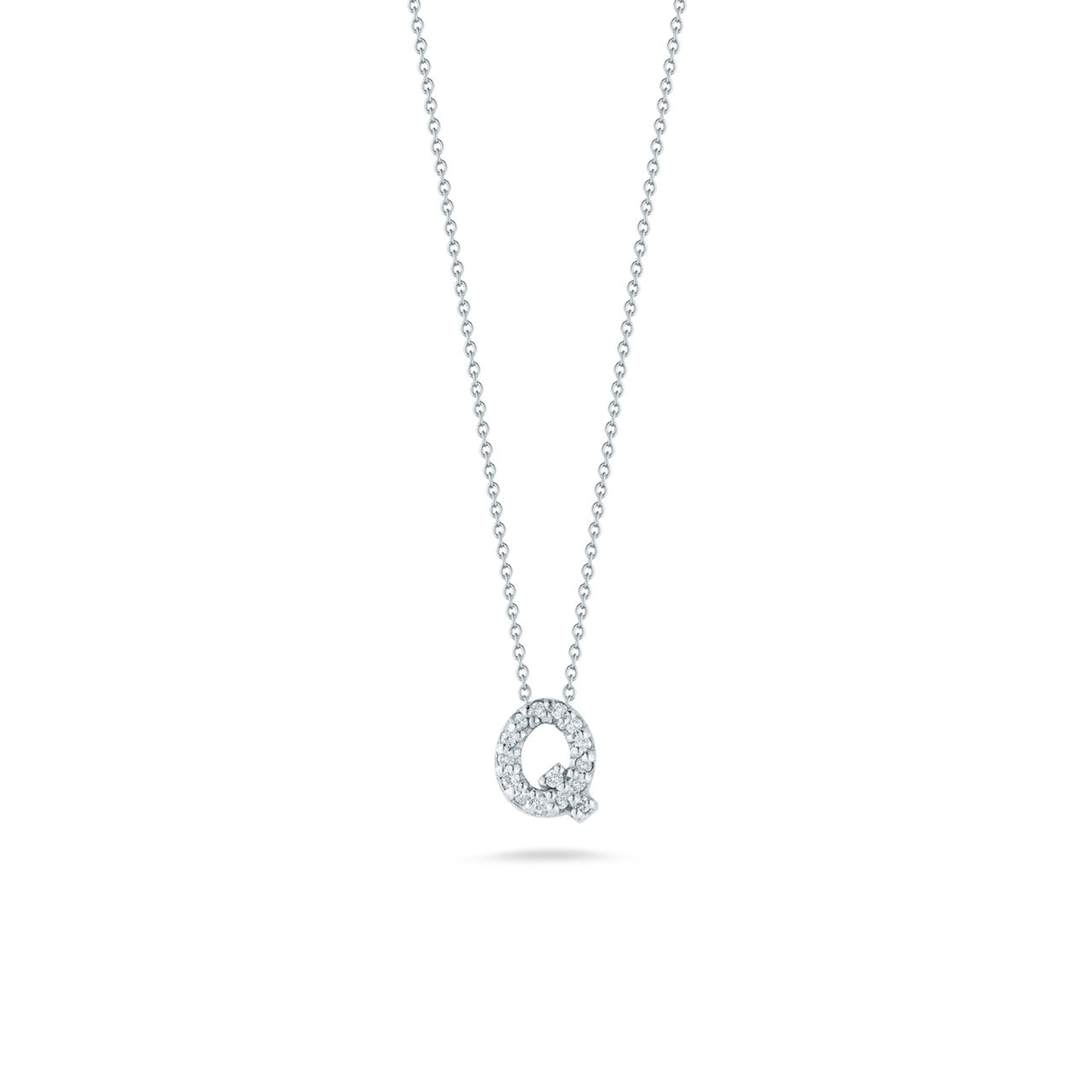 maison birks roberto coin tiny treasures love letter q white gold diamond necklace image number 0