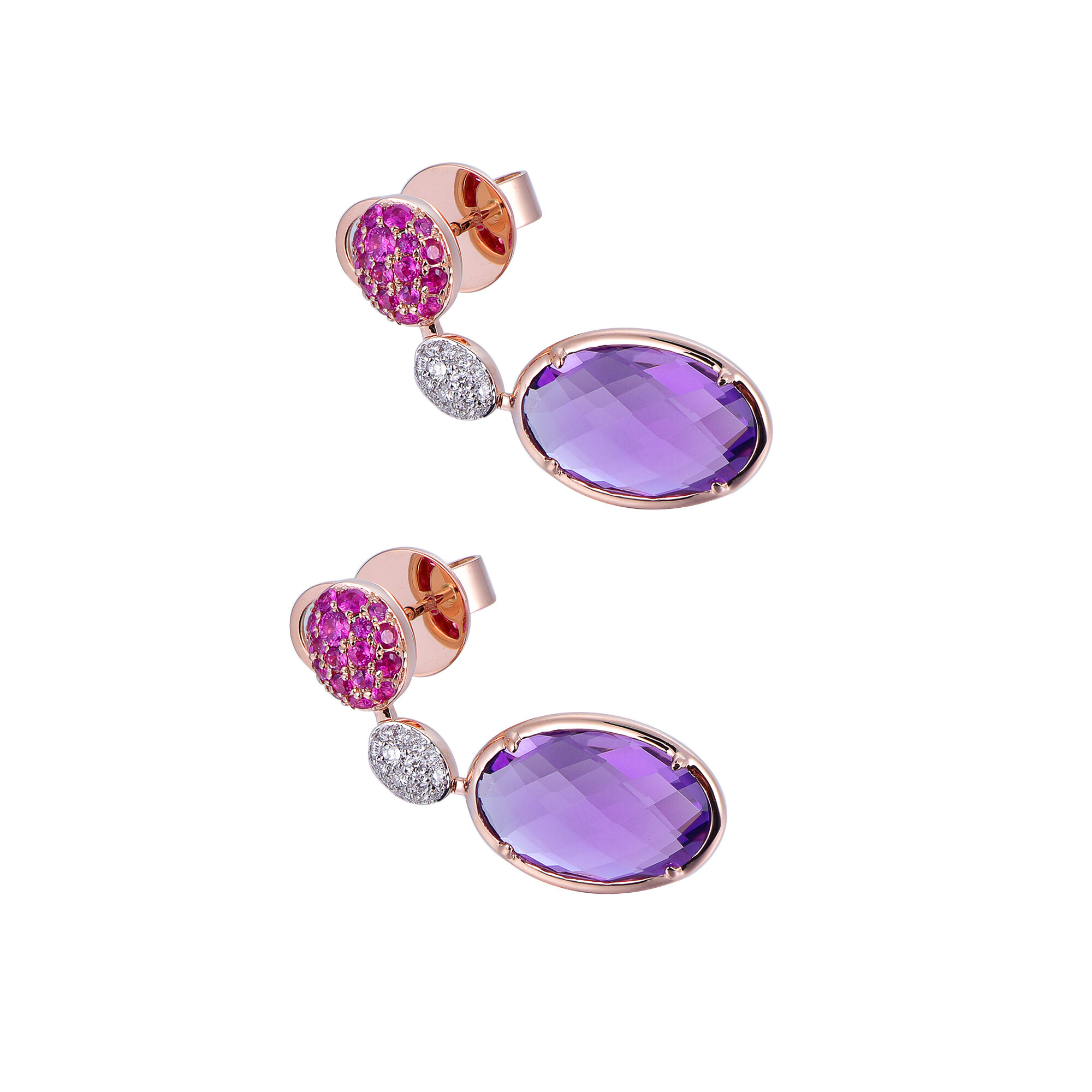 Pink Sapphire and Amethyst Earrings in Rose Gold