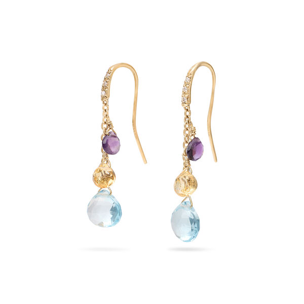 Boucles d'oreilles pendentives Paradise en or jaune avec diamants et pierres de couleur