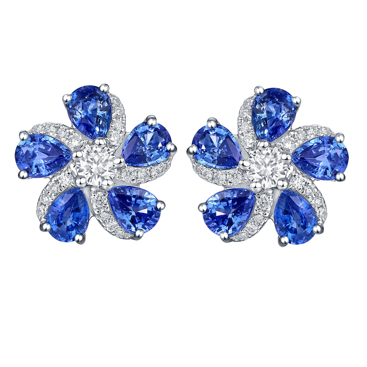 Boucles d'Oreilles Fleur de Saphirs et Diamants en Or Blanc image number 0
