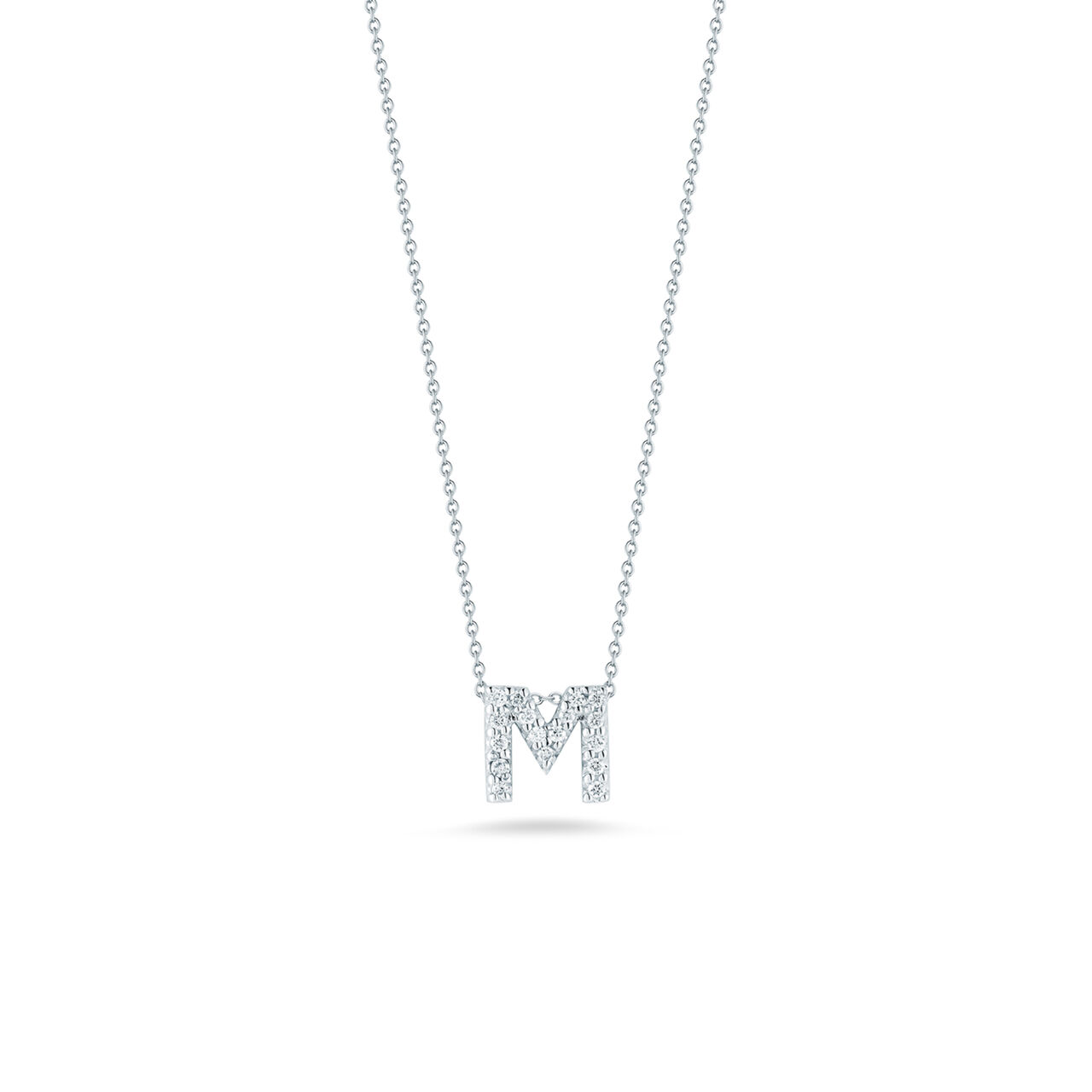 maison birks roberto coin tiny treasures love letter m white gold diamondnecklace image number 0